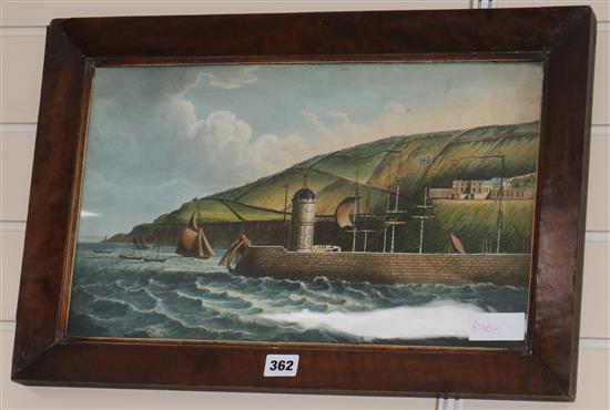 English School, overpainted print, Entrance to a harbour, 27 x 44cm